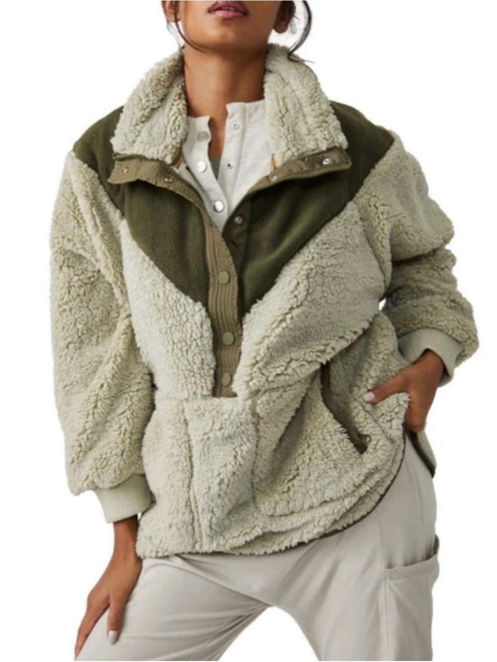 FP Movement Fall To Rise Fleece Quarter Snap in Green Tea Combo